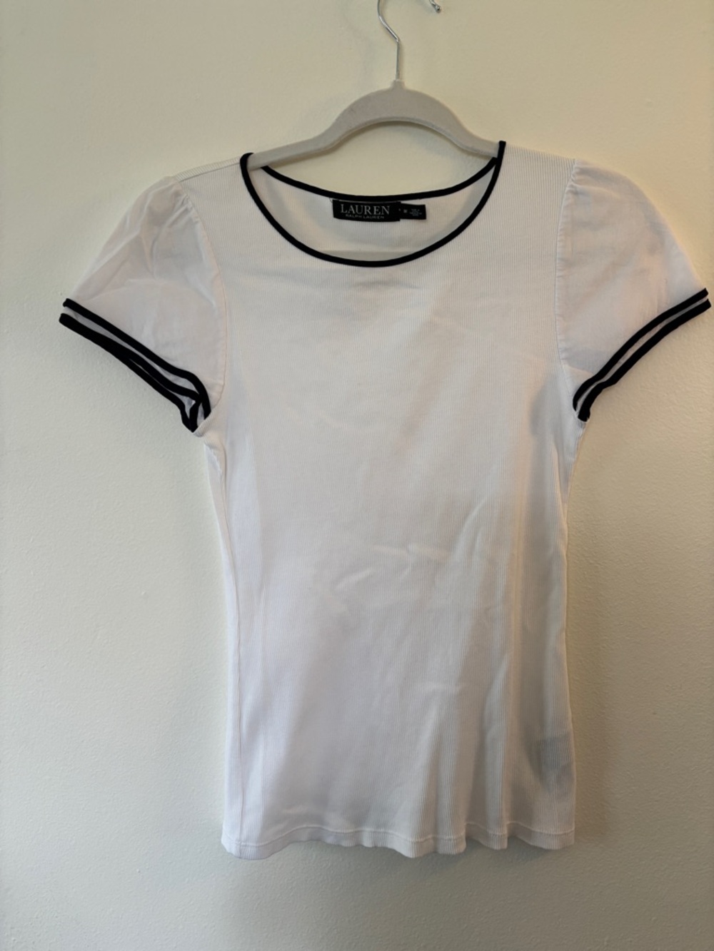 NWOT Ralph Lauren White DRESSY Tee Ribbed Bodice with Navy Trim